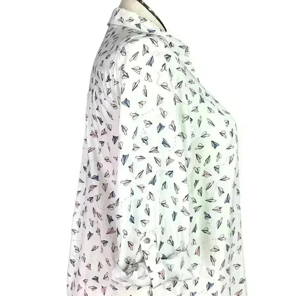 Jane and Delancey Top Women L White Multi Paper Airplane Button Up Blouse - Picture 6 of 9